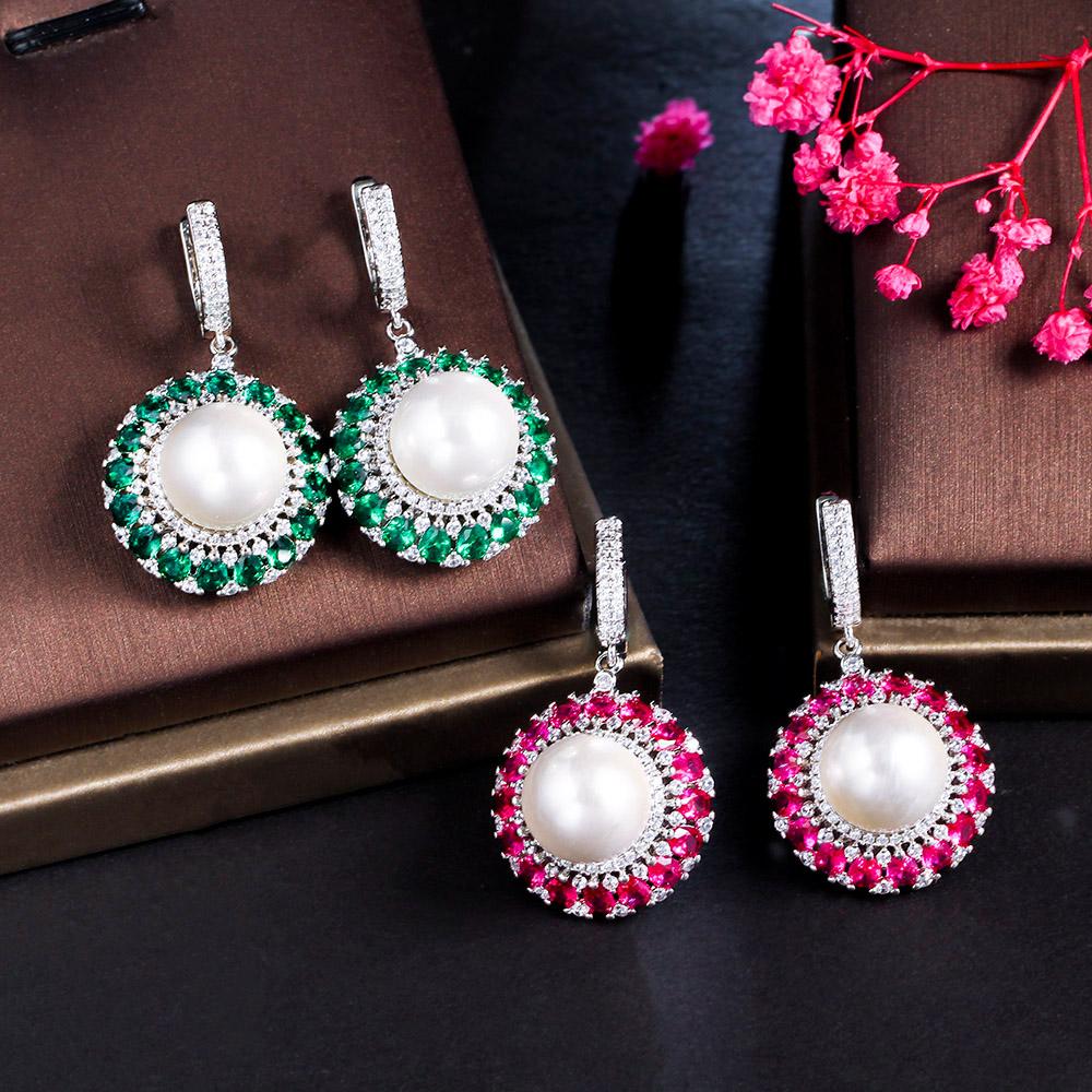 Knot CWWZircons Elegant Green Cubic Zirconia Pave Huggie Round Drop Big Pearl Earrings for Women High Quality CZ Jewelry Gift CZ327