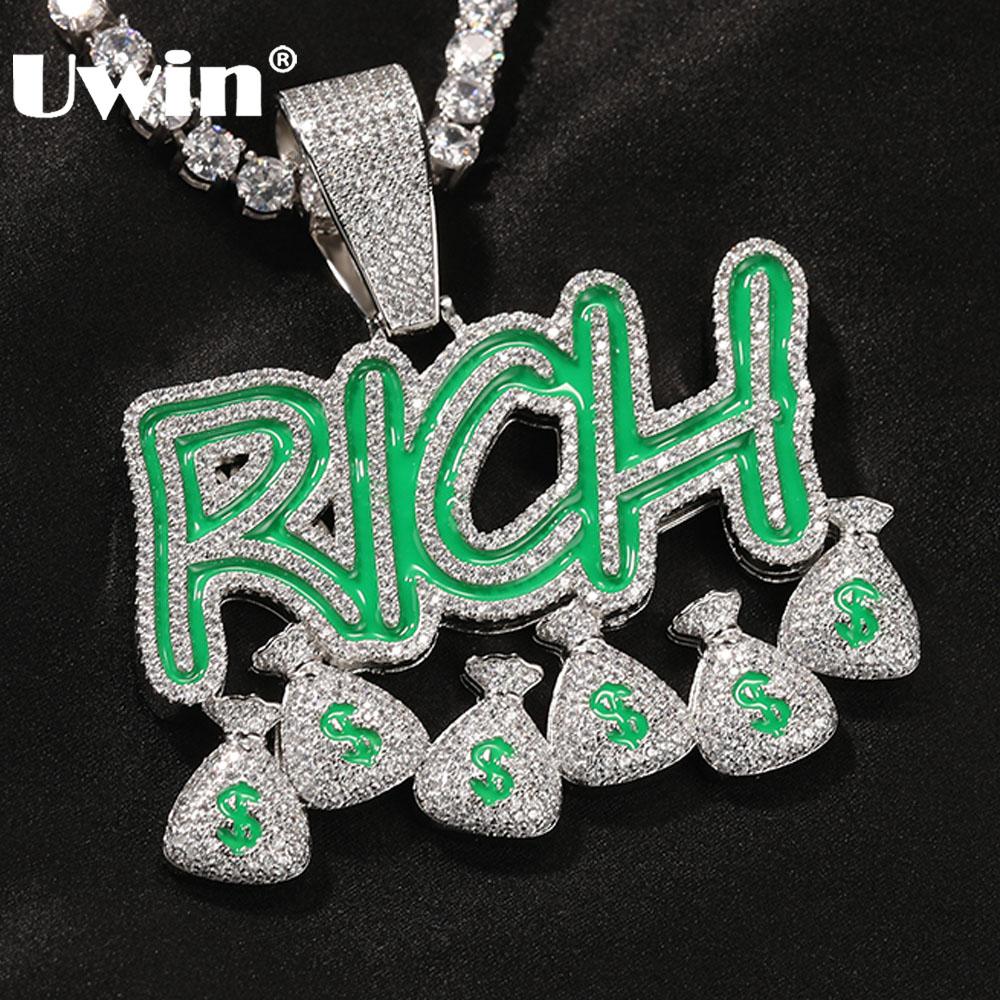Collares UWIN RICH dinero bolsillos collares pendientes para hombres fluorescencia verde oro plata Color helado piedras CZ encantos joyería de Hip Hop