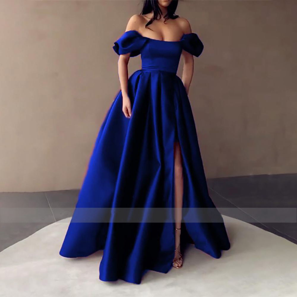 Royal Blue Satin Prom-klänningar stropplösa från axeln Split aftonklänningar veckade A-line Long Party Night Formal Glows