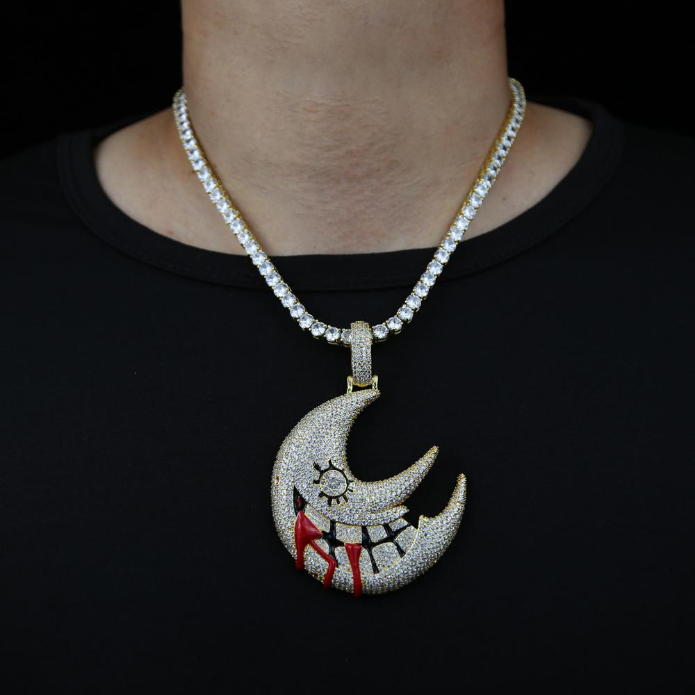 Collane ghiacciate Bling Big CZ Collana con pendente a bocca di luna Colore argento Zircone cubico Labbra gocciolanti rosse Fascino Hip Hop Uomo Donna Gioielli