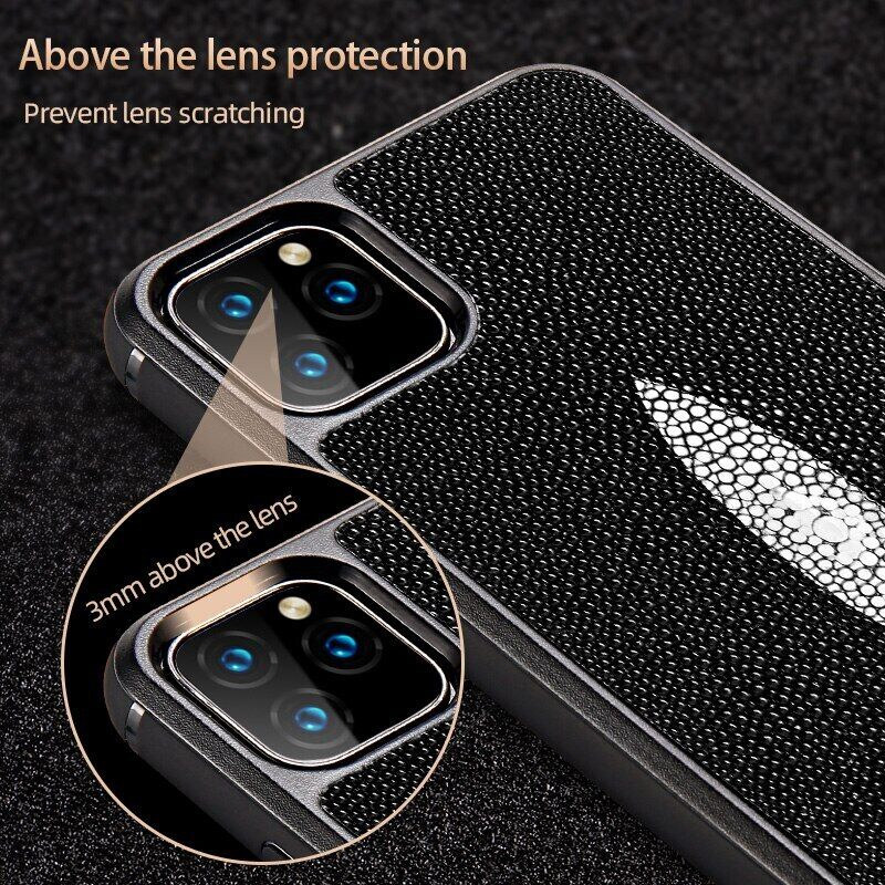 Véritable étui mince en cuir véritable Stingray pour iPhone 14 13 Pro Max 12 11 couverture d'armure en peau de poisson poire