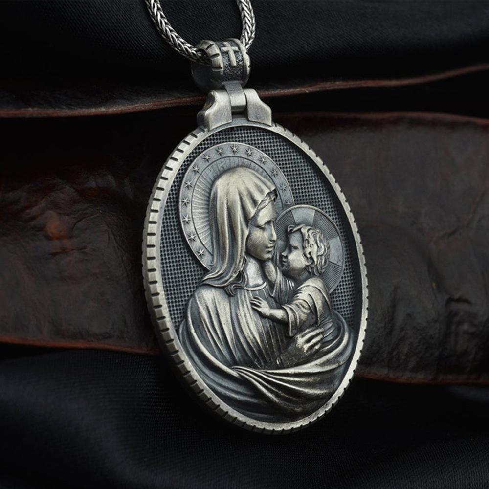 Kettingen Sieraden om de nek Europese en Amerikaanse stijl Christelijke ketting vintage Maagd Maria omarmen kindje Jezus Memorial Medal