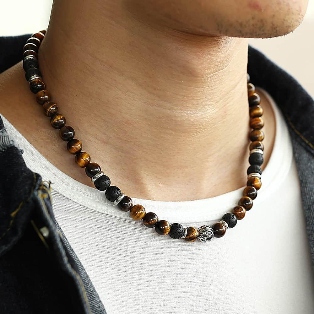 Colliers Colliers de perles uniques pour hommes garçon oeil de tigre pierre Lave pierre naturelle cou bijoux masculins fermoir à bascule en acier inoxydable