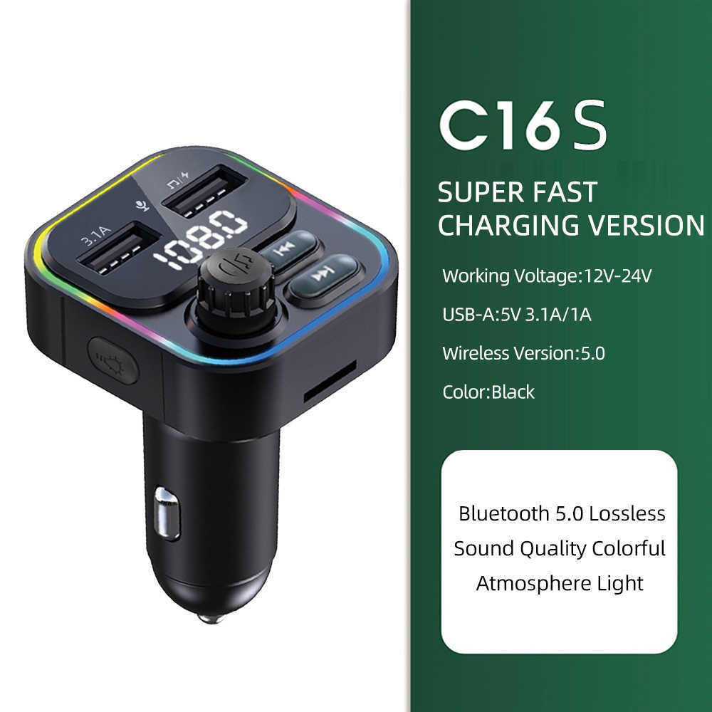 Nouveau chargeur de voiture double USB 5V 3.1A, transmetteur FM, adaptateur Bluetooth, appel mains libres sans fil, lecteur Mp3 stéréo avec lumière ambiante