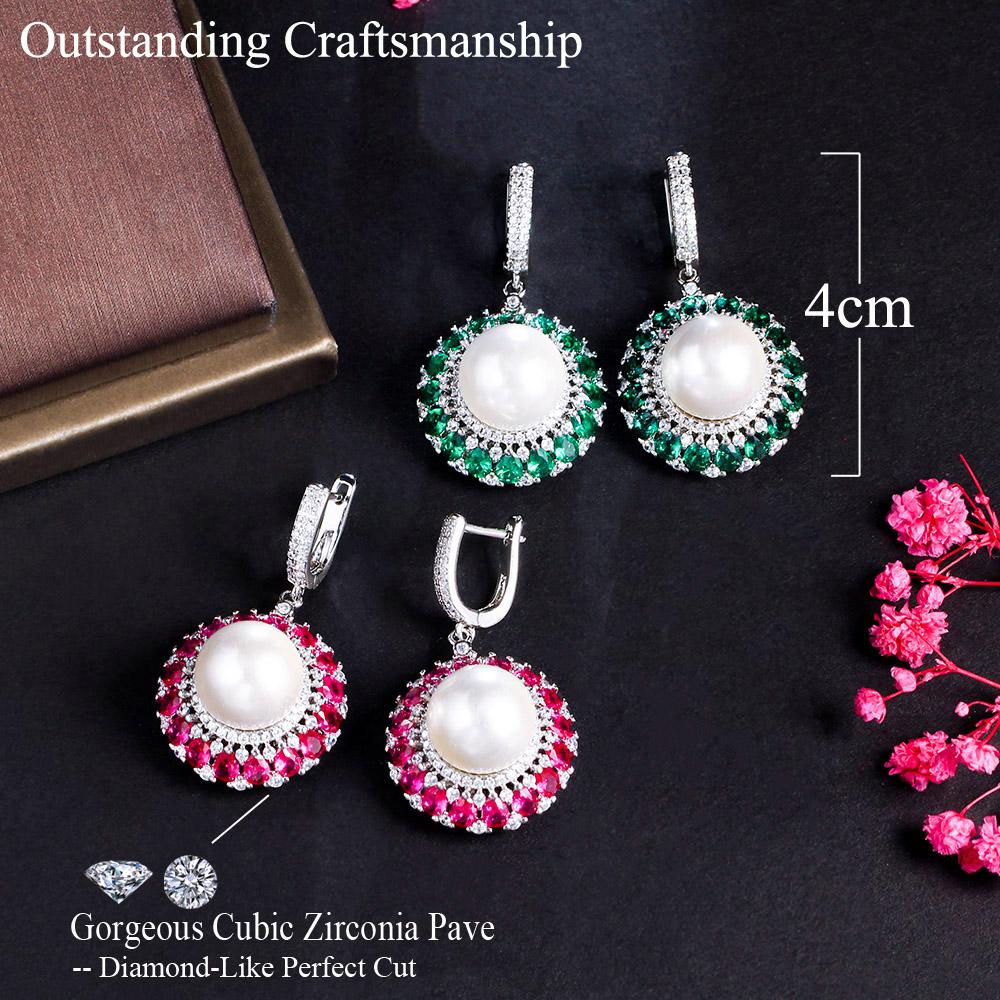 Knot CWWZircons Elegant Green Cubic Zirconia Pave Huggie Round Drop Big Pearl Earrings for Women High Quality CZ Jewelry Gift CZ327