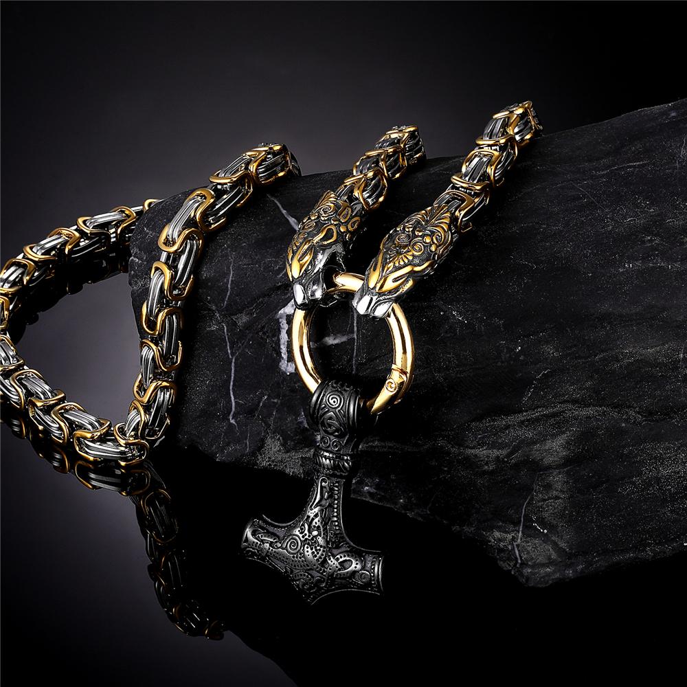 Halsketten Männer Drachenkopf Halsketten Wikinger Vegvisir Amulett MJOLNIR Anhänger Nordischer Runenanker Edelstahl Goldfarbe Königskette Schmuck