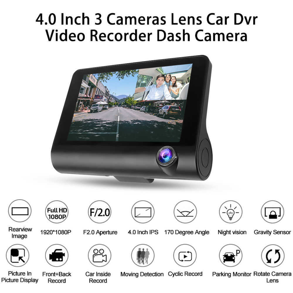 Car New Car DVR Dash Camera 4'' Three Way FHD Three Lens Video Recorder Camera 170 Wide Angle Dash Cam G-Sensor Night vision Camcorder