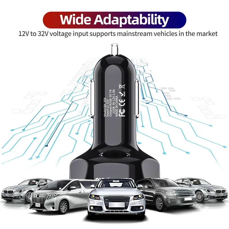 4 portas carregador de carros multi -USB 48W Carga rápida QC3.0 7A Adaptador de carregamento de carregamento rápido para iPhone 14 13 Samsung Xiaomi Telefone Mobile Android