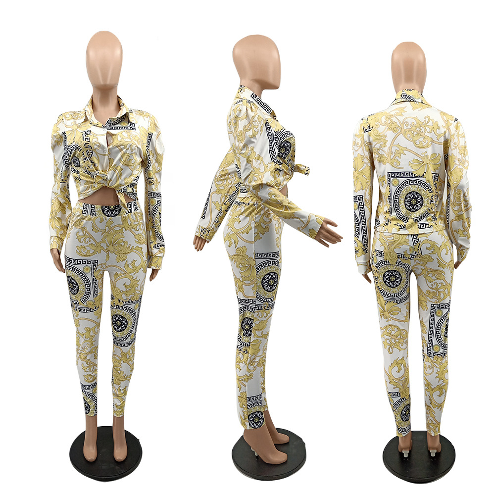 Modischer, lässiger Hemd-Hosen-Anzug, einzigartiges zweiteiliges Set mit bedruckten Blasenärmeln und Knöpfen