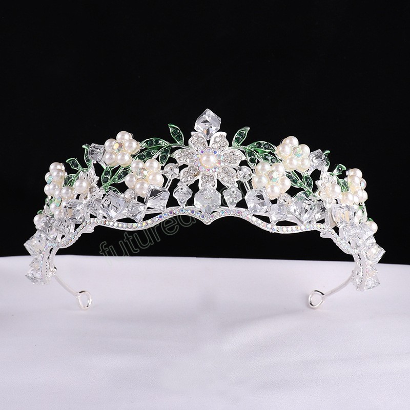 Vintage Square Crystal Pearl Crowns for Women Rhinestone Leaf Wedding Tiara Hair Accessories Queen Costume Halloween Gift