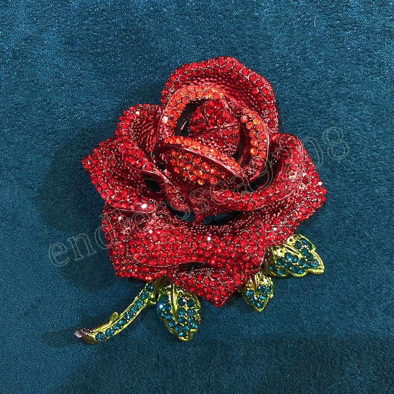 Vintage Rhinestone Luxurro grande broche de rosa Dia dos namorados Pin Flower Bouquet Corsage Acessórios de inverno Presente de joias