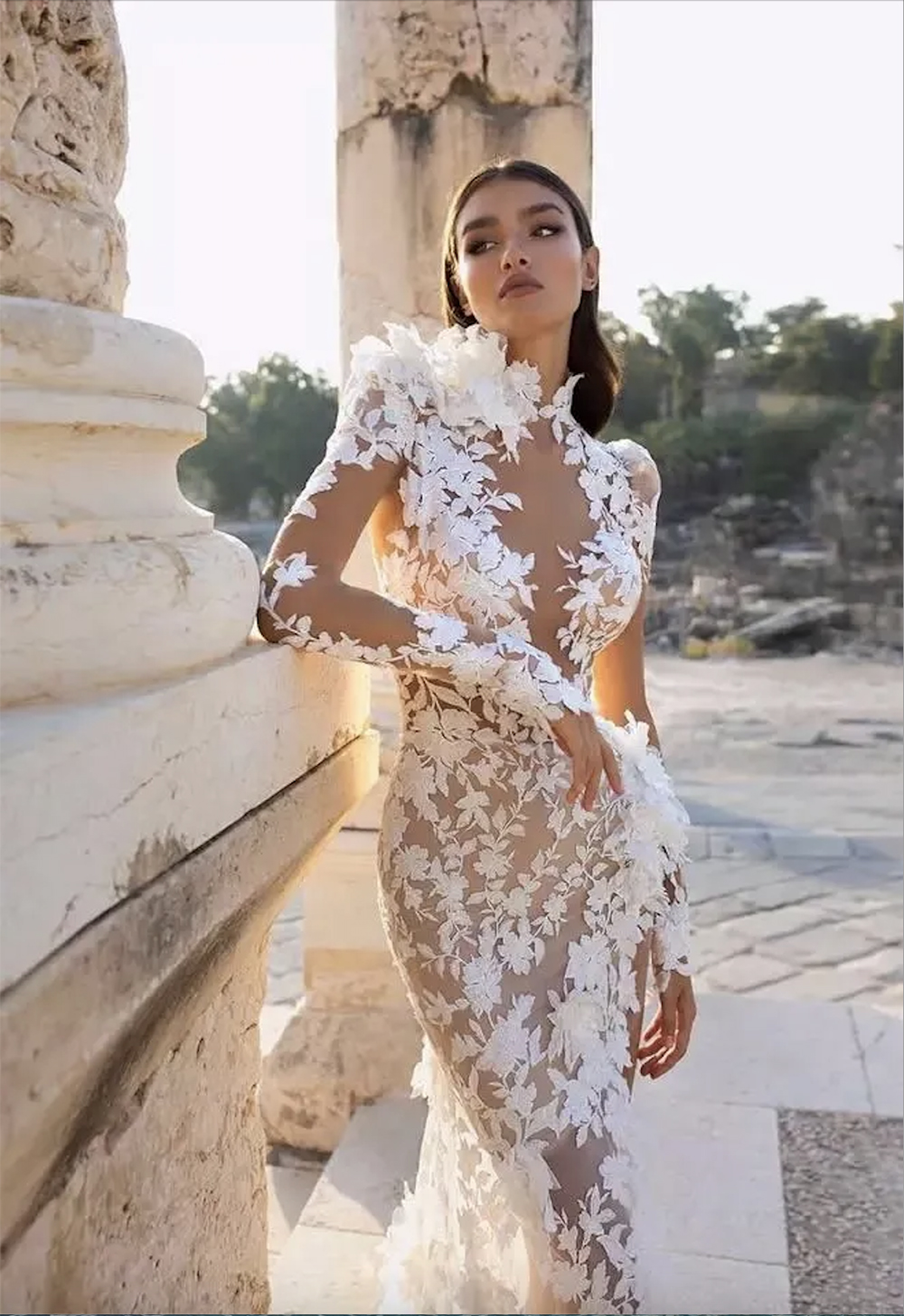 Saoudite sirène robe de mariée 2023 berta col haut côté fente illusion dentelle appliques à manches longues balayage train Boho robe de mariée