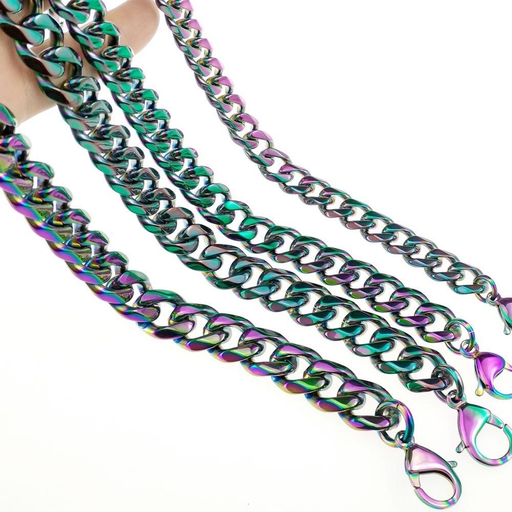 Halsband Rostfritt stål Miami Curb Rainbow Cuban Link Chain Armband Halsband Set för män 11 ​​~ 16mm Bredd