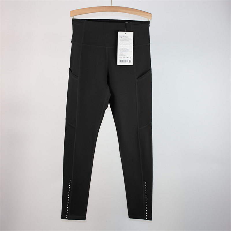 LL Ny gränsöverskridande nylon dubbelsidig hårig hög midja multi-pocket leggings natt ridning yogapaket midja nio-punkts byxor