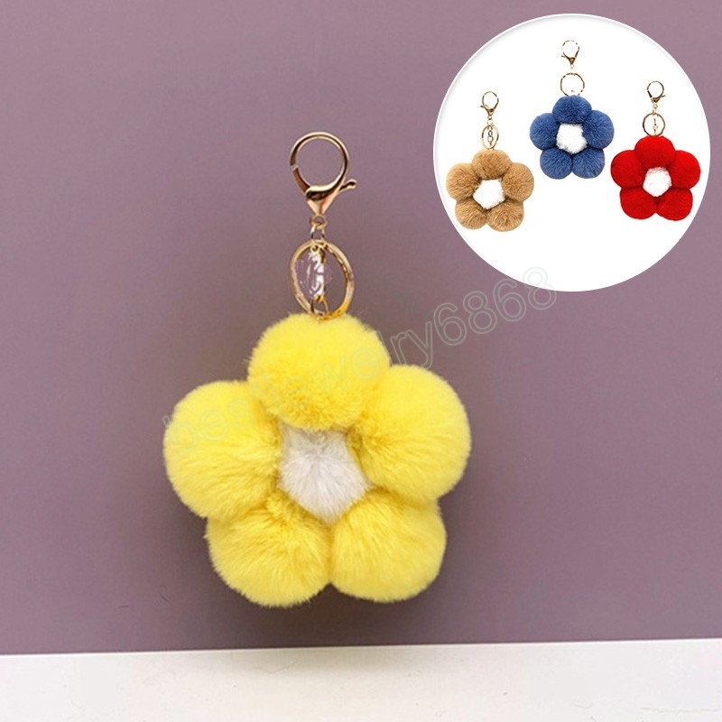 Mignon dessin animé fleur pompon boule porte-clés Imitation lapin boule de fourrure pendentif couleur peluche voiture porte-clés sac ornement décoration cadeau