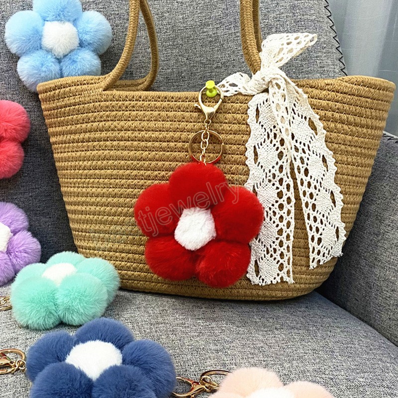 Mignon dessin animé fleur pompon boule porte-clés Imitation lapin boule de fourrure pendentif couleur peluche voiture porte-clés sac ornement décoration cadeau