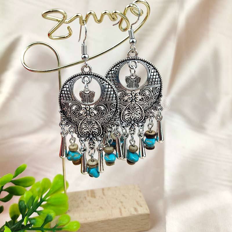 Boucles d'oreilles Vintage goutte couleur argent pour femmes Boho ethnique Turquoise pierre creuse fleur géométrie boucles d'oreilles indiennes Jhumka bijoux