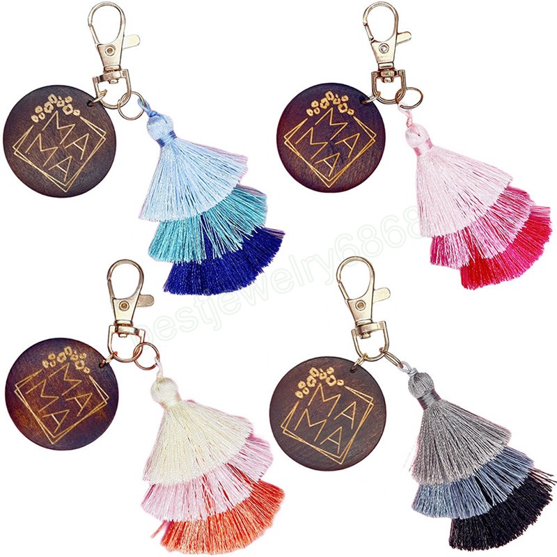 Bomull Tassel Pendant Nyckelkedjor med mamma Wood Women Boho Nyckelhållare Keyring Macrame Bag Charm Car Hanging Jewelry Gift