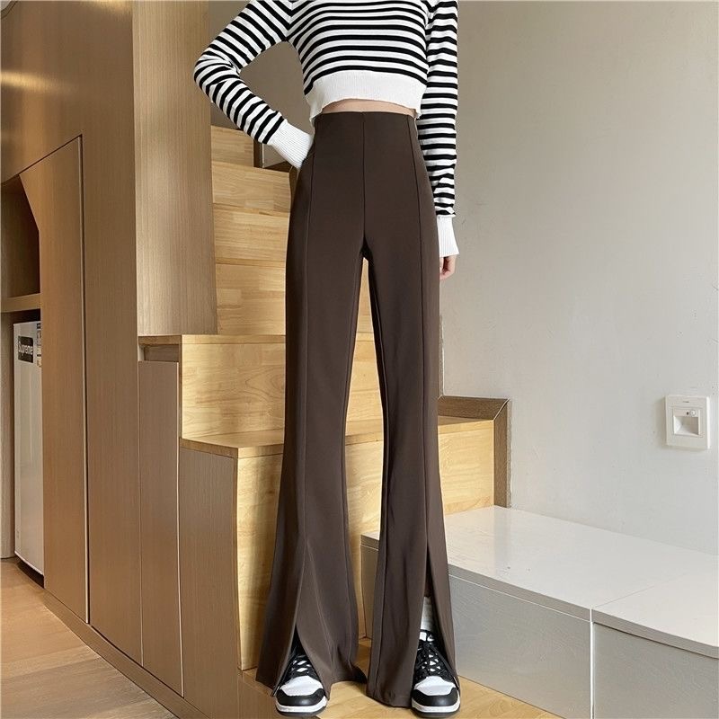 Yeni küçük kokulu stil yüksek dereceli kaliteli ince siyah elastik bel düz fıçısı ince pantolon gündelik zemin sürükleme pantolonları kadınlar için geniş bacak pantolonları