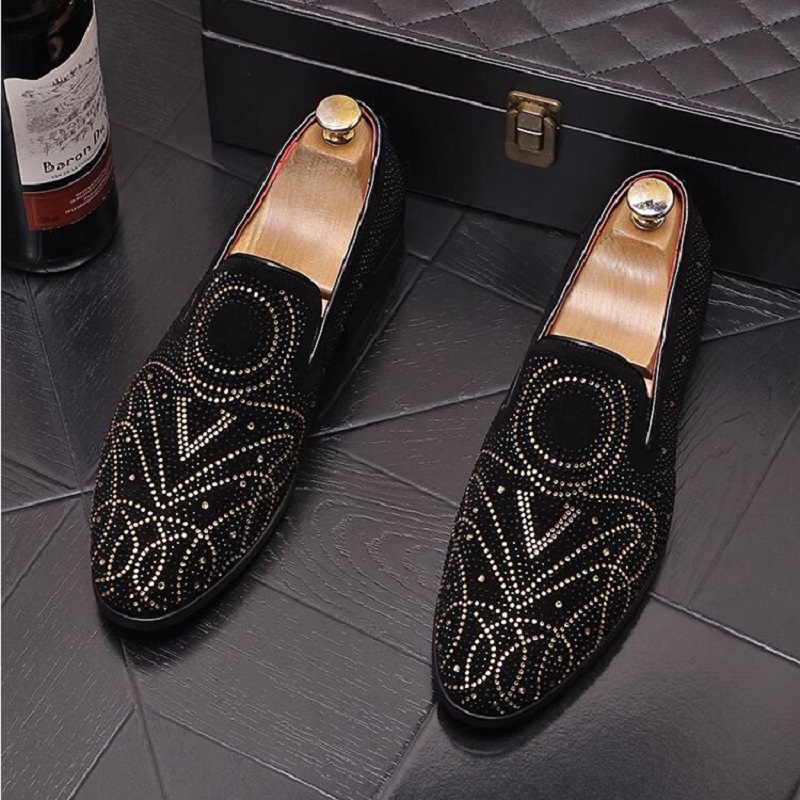 European Luxury Man Punk Web Celebrity Oxfords Rhinestone Men's Dress Shoes Slip-On Lazy Designer Loafers Moccasins D2H50