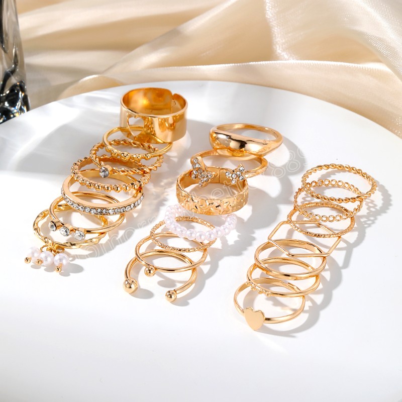 Anelli di perle di cristallo di zirconi della Boemia le donne Anelli geometrici di stelle scavate con ciondolo a forma di cuore di farfalla Set di gioielli di moda