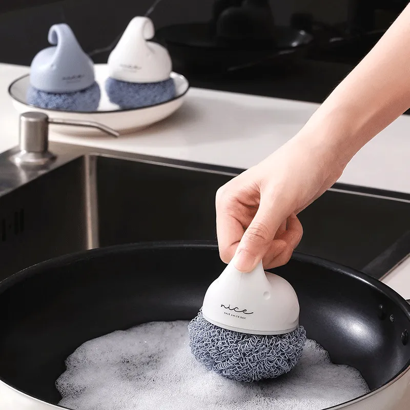 Short Handle Pot Brush Polyester Dish Cleaner with Anti-Slip Handle Cleaning Brush for Bowl Cookware Kitchen Supplies