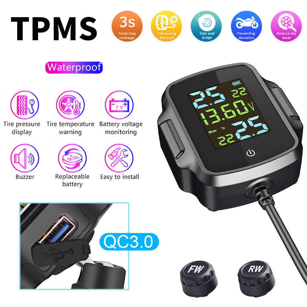 Car New Motorcycle Tire Pressure Monitoring System Tyre Temperature Alarm System Motorbike TPMS with QC 3.0 USB Charger for Phone Tablet