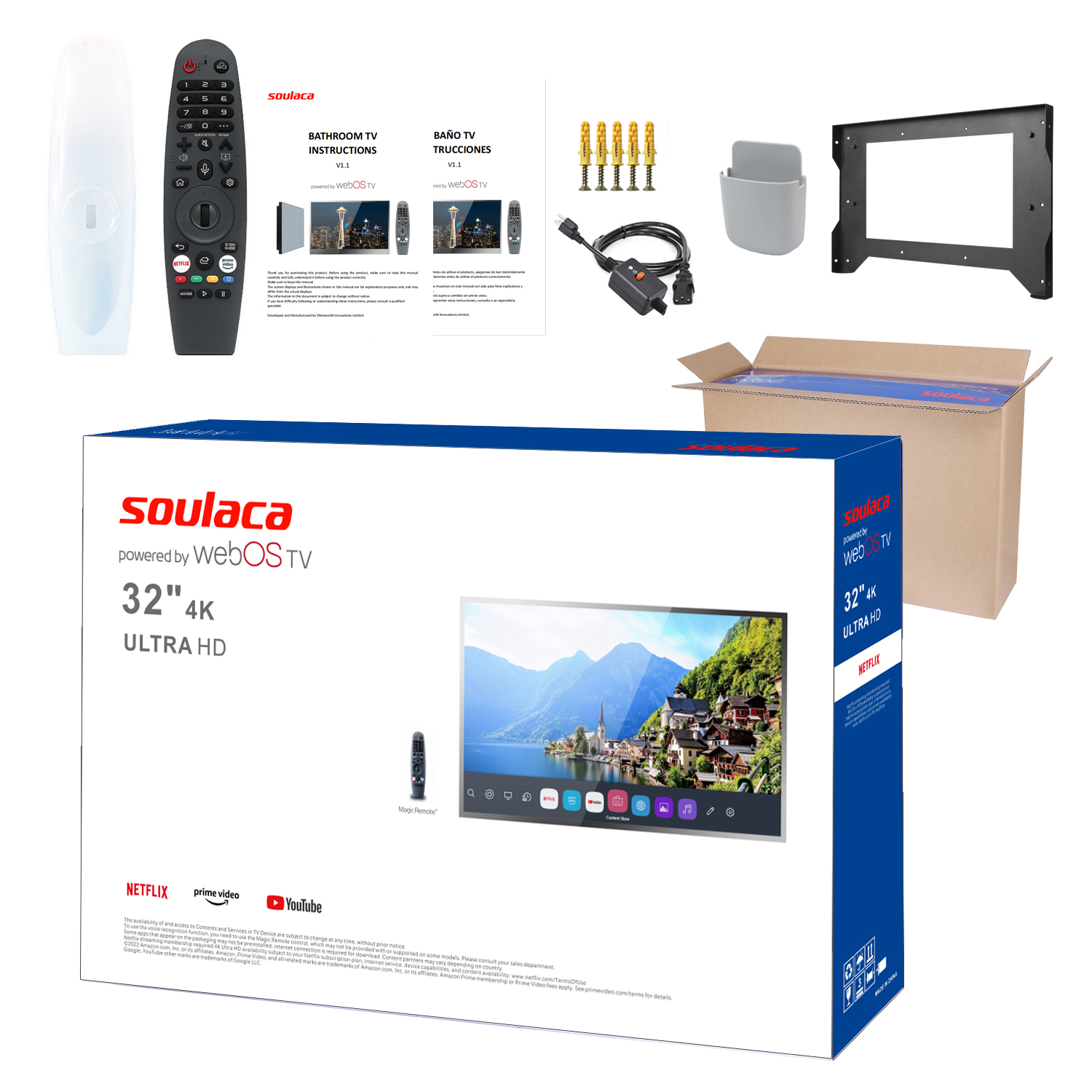 Soulaca 32 polegadas 4K Webos Mirror Led Television For Banheiro Hotel Ai Alexa Controle de Voice Wi-Fi Bluetooth TV Inteligente à prova d'água 2023 Amazon Novo modelo