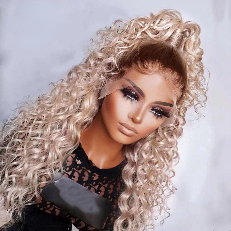 Perruques de cheveux humains avant de lacet bouclés blond cendré pour les femmes brésiliennes 360 perruque frontale à vague profonde perruque synthétique de cosplay drag queen