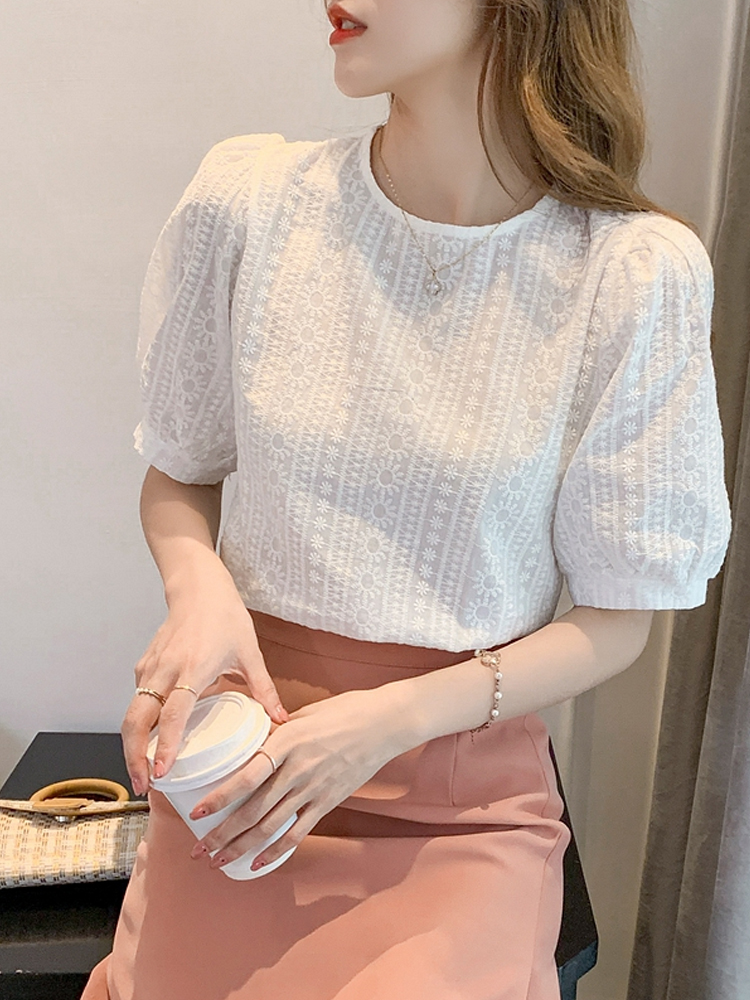 Women's o-neck white color puff short sleeve blouses embroidery flower summer chiffon shirt SMLXLXXL