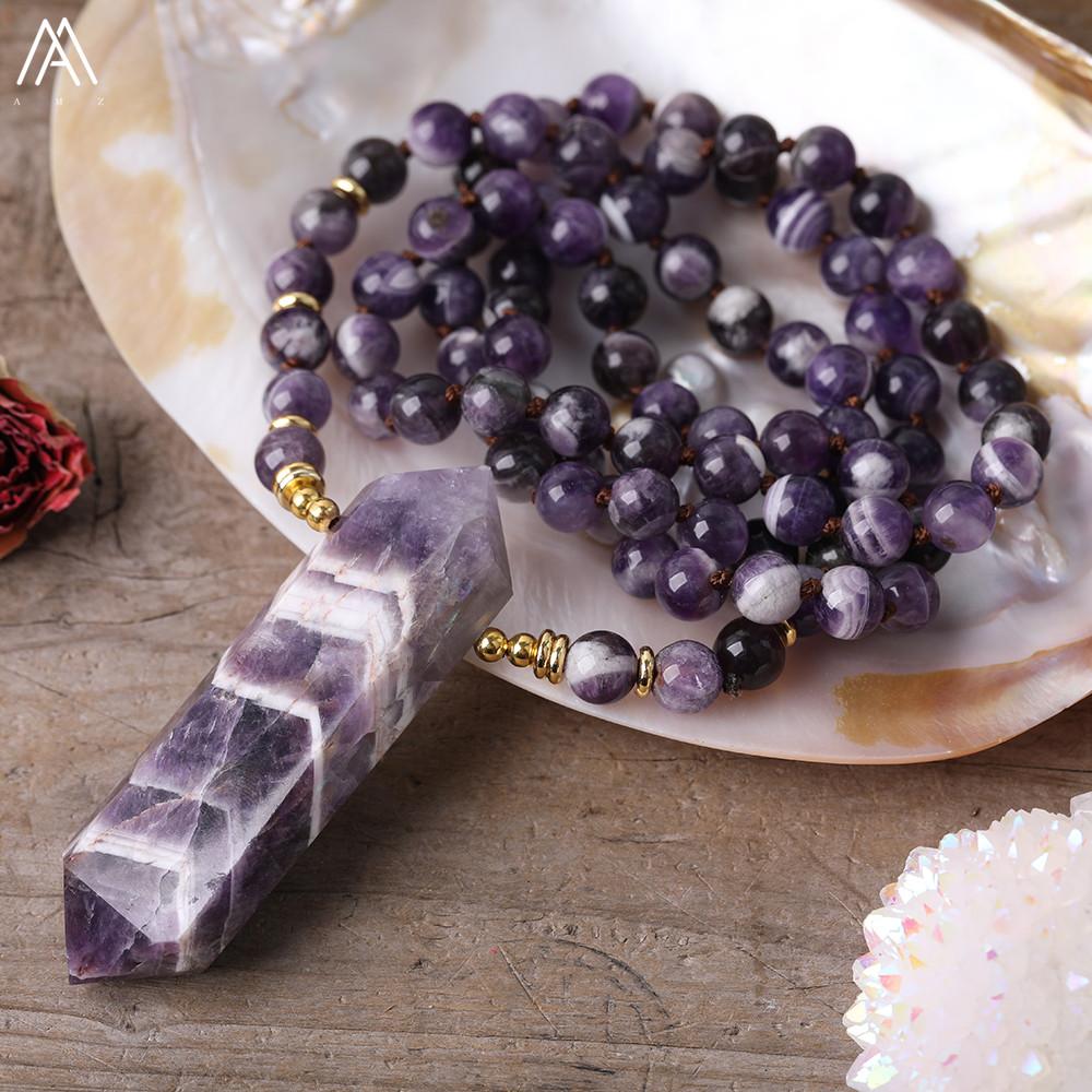 Necklaces Natural Dream Amethysts Quartz Double Point Pendant 8mm Round Amethysts Quartz Crystal Beads Knot Handmade Necklace For Women