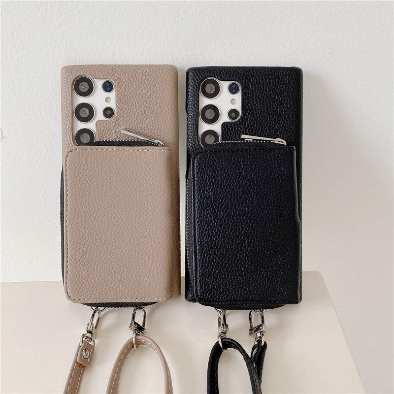 Crossbody Zipper Lychee Grain Folio Vogue Phone Case for iPhone 14 13 Pro Max Samsung Galaxy S22 S23 A13 A14 A24 A33 A53 A54 A72 A52 A22 5G Solid Leather Wallet Back Cover