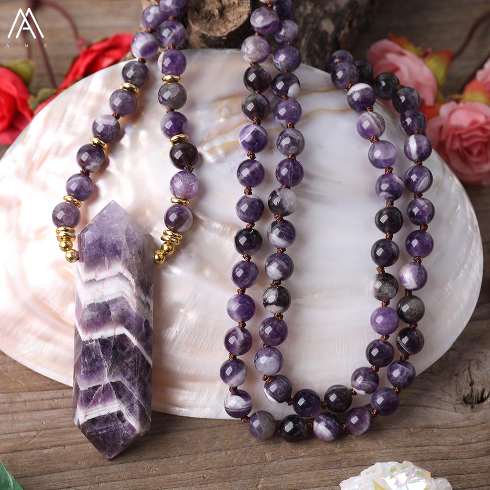 Necklaces Natural Dream Amethysts Quartz Double Point Pendant 8mm Round Amethysts Quartz Crystal Beads Knot Handmade Necklace For Women