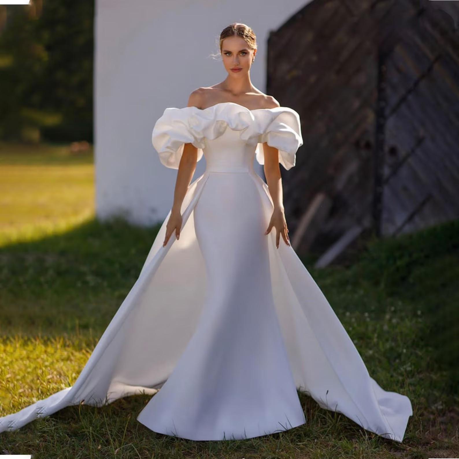 Elegant Draped Satin Off The Shoulder Mermaid Wedding Dresses With Detachable Train Simple Boho Bridal Gowns Modest Plus Size Bride Reception Party Dress CL2276