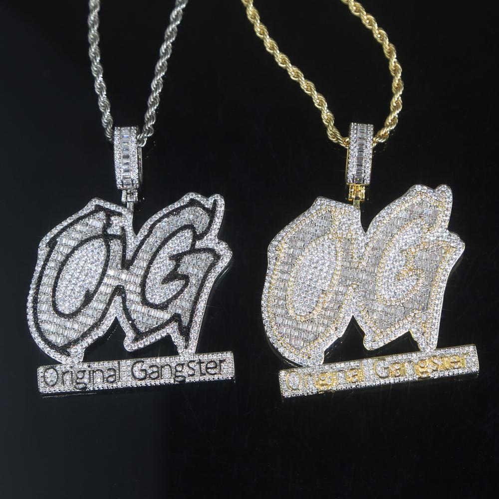 Necklaces Iced Out Bling Two Tone Color CZ Letter Original Gangster Pendant Necklace Black Cubic Zirconia OG Charm Men Hip Hop Jewelry