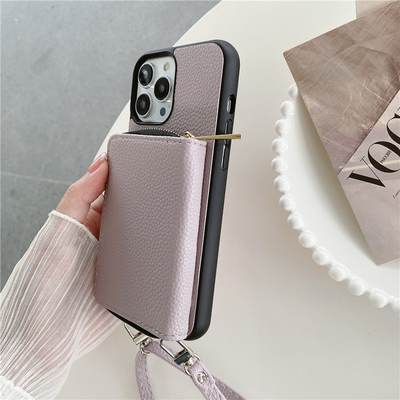 Lüks kolye lychee desen folio fermuar vogue telefon kasası için iPhone 14 13 Mini 12 11 Pro Max XR XS 7 8 Artı Çoklu Kart Yuvası Deri Cüzdan Zinciri Arka Kapak