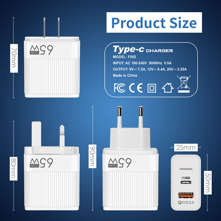 GaN 65W USB C Ladegerät PD Typ C Handy Wandladegerät für iPad Xiaomi Samsung iPhone 14 2 Ports Telefon Ladegerät Adapter Netzteil mit Box