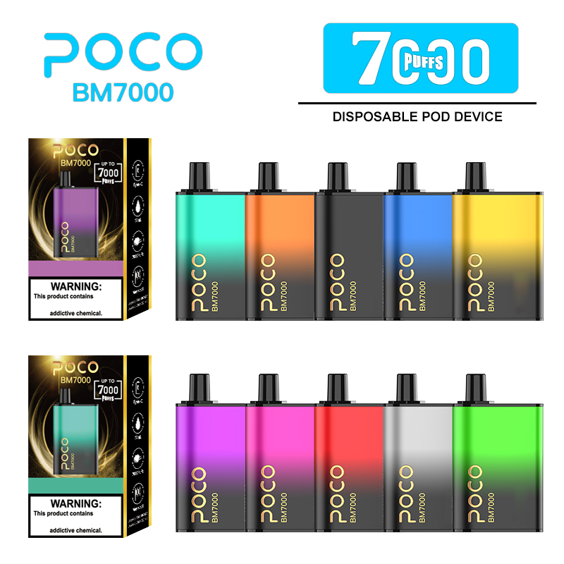 POCO BM 7000 Puffs Mesh Coil Electronic Cigarette Disposable Vape med 850 mAh typ C -batteri och 17 ml kassettpods US Local Warehouse