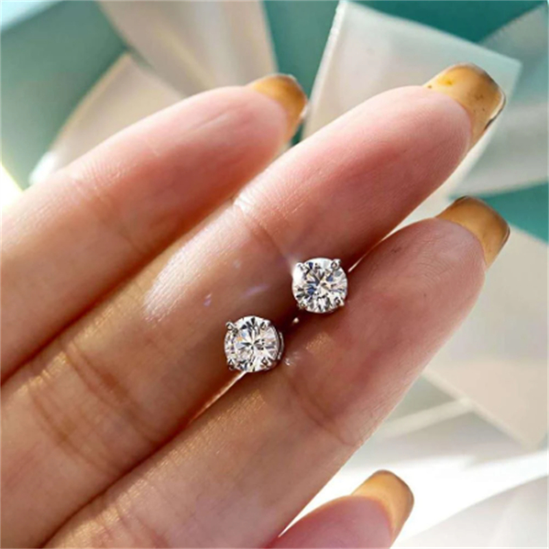 Fine 100% 925 Sterling Silver Solitaire Stud Earring 5/9mm Diamond Cz Engagement Wedding Earrings for women Bridal Party Jewelry