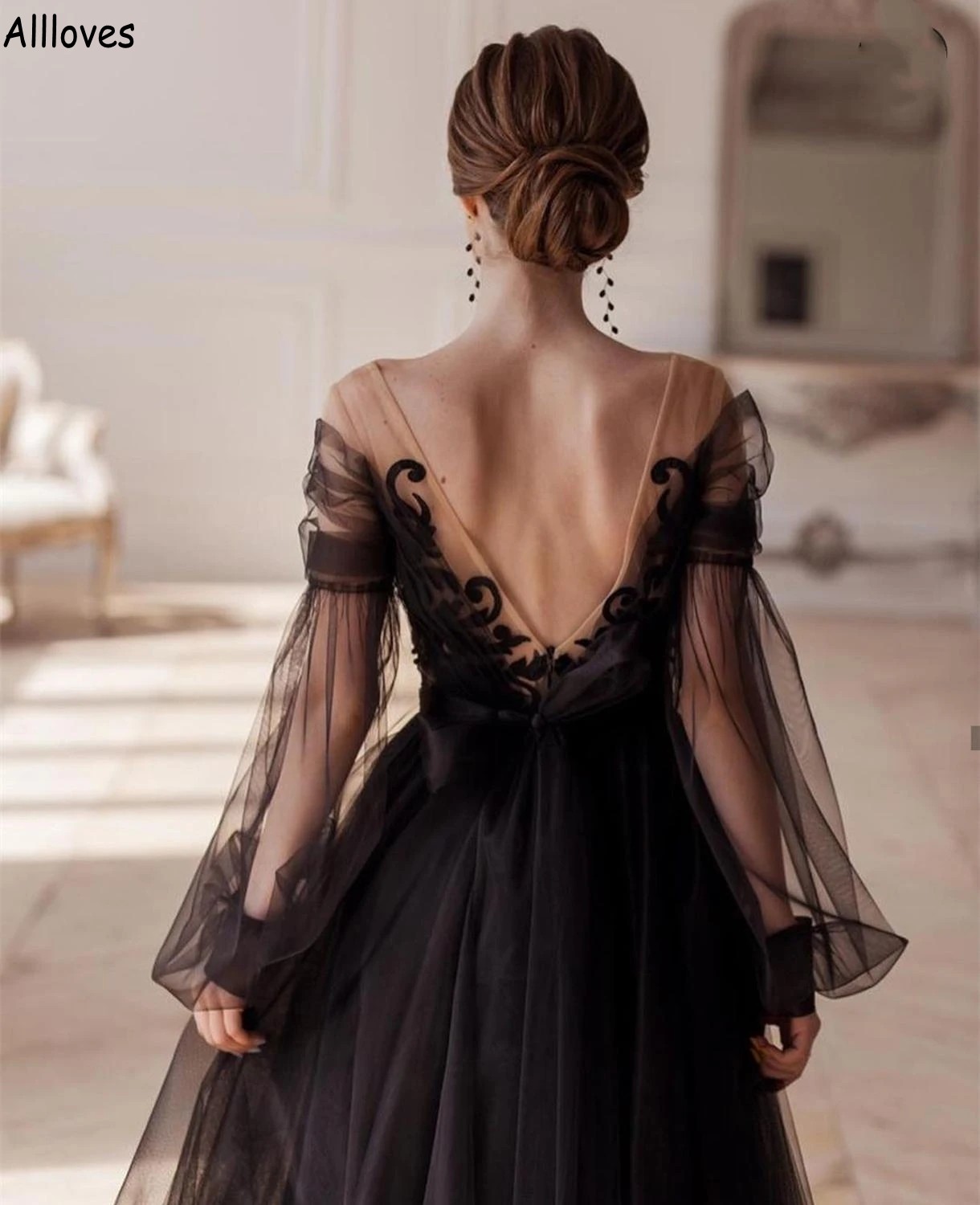 Black Tulle Lace Appliqued A Line Prom Dresses Short Style Off The Shoulder Sexy V Neck Evening Party Gowns For Women With Long Sleeves Tea Length Formal Wear CL2277