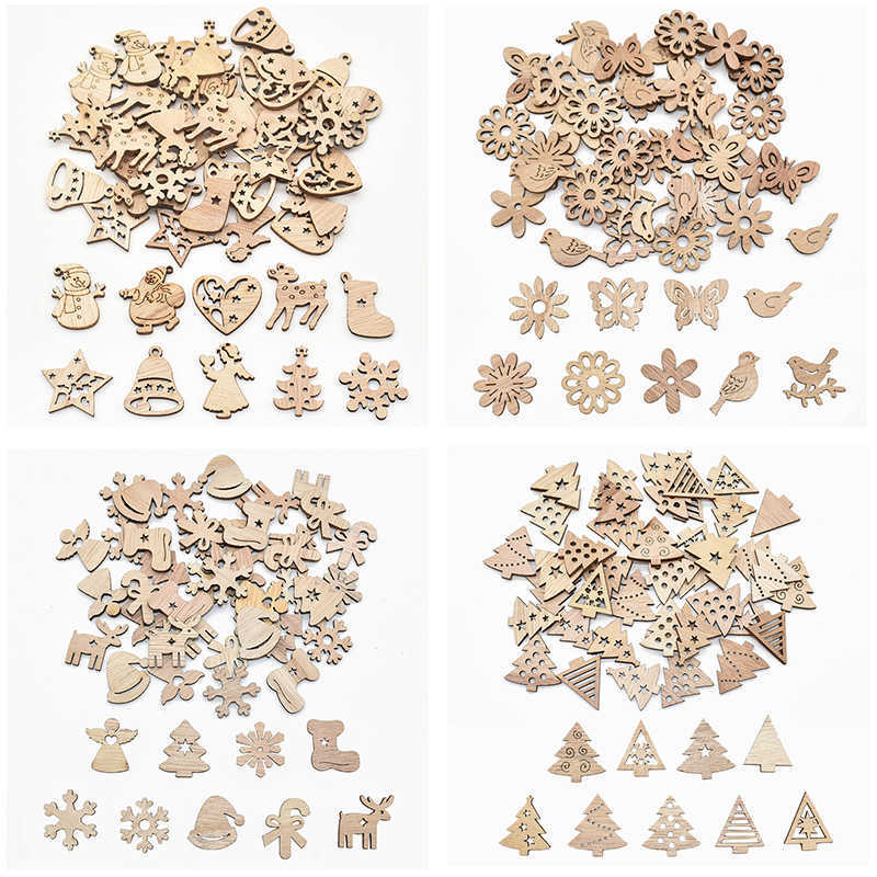 Christmas Decorations Christmas Natural Wooden Chip Santa Claus Snowflake Christmas Tree Hanging Ornaments Pendant Navidad Decoration DIY Craft