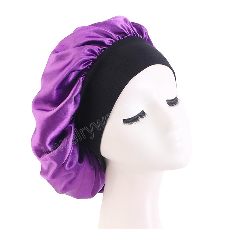 Black Wide Elastic Band Satin Sleep Night Chemo Cap Solid Color Hair Care Bonnet Nightcap For Women Men Unisex