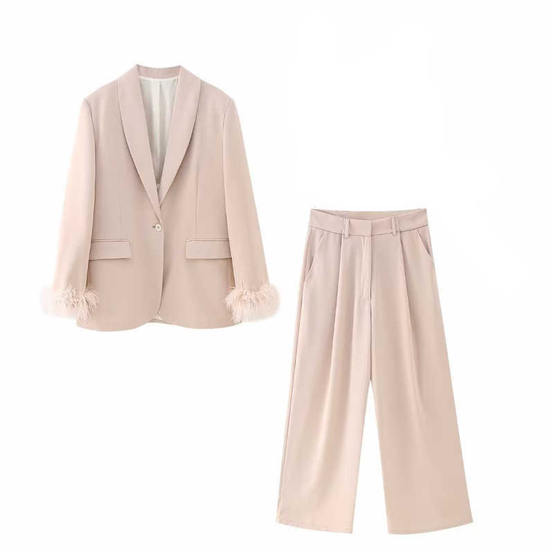 Abiti da donna Blazer Pantaloni primaverili Set 2023 New Office Jacket Set Fashion Feather Straight Jacket + Pantaloni Two Piece Street Elegant Party Abbigliamento da donna P230522