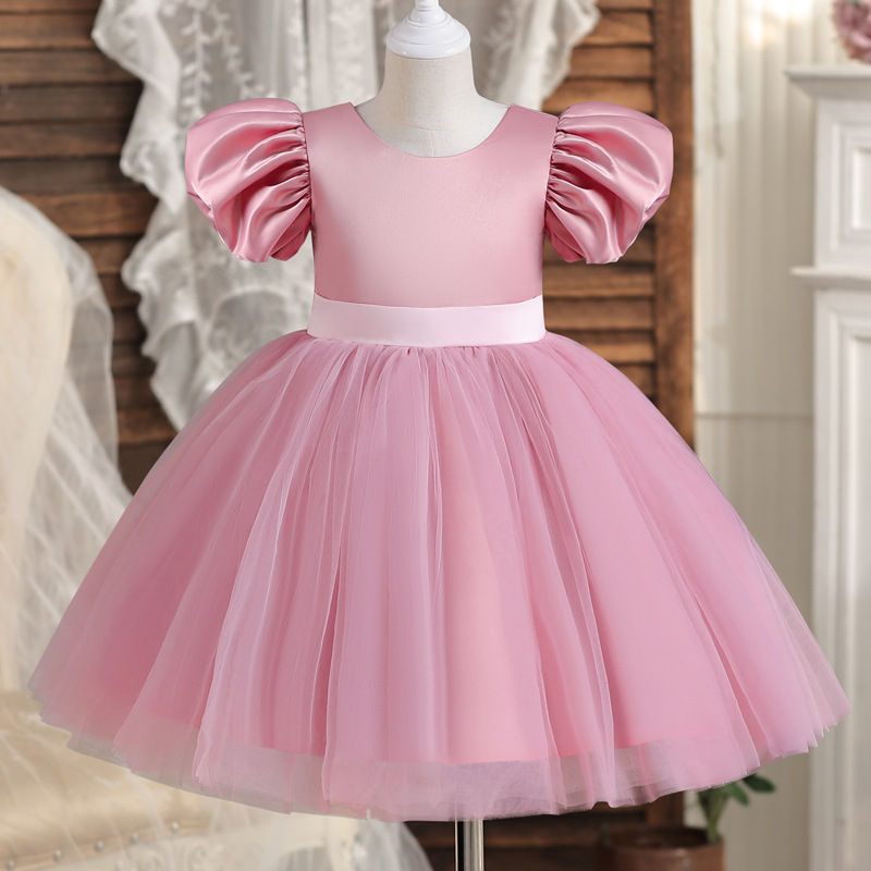 Abito da principessa in tulle tinta unita bambina 2-8T Abito da ragazza di fiori con gonna con maniche a sbuffo di design con fiocco bambini