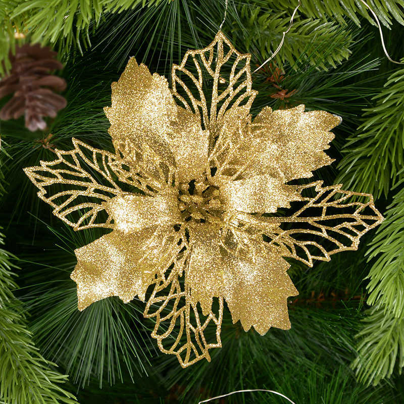 Weihnachtsdekorationen, 5 Stück, 9–16 cm, Glitzer, künstliche Weihnachtsblumen, Weihnachtsbaumschmuck für Zuhause, künstliche Blumen, Weihnachtsschmuck, Neujahrsdekoration