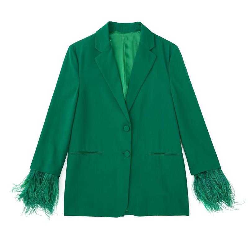 Ternos femininos Blazers Fashion Feather 2 Peças Conjunto 2022 Autumn Novo elegante Jaqueta Verde Moda Formal Chique O escritório feminino Conjunto de 2 peças P230522