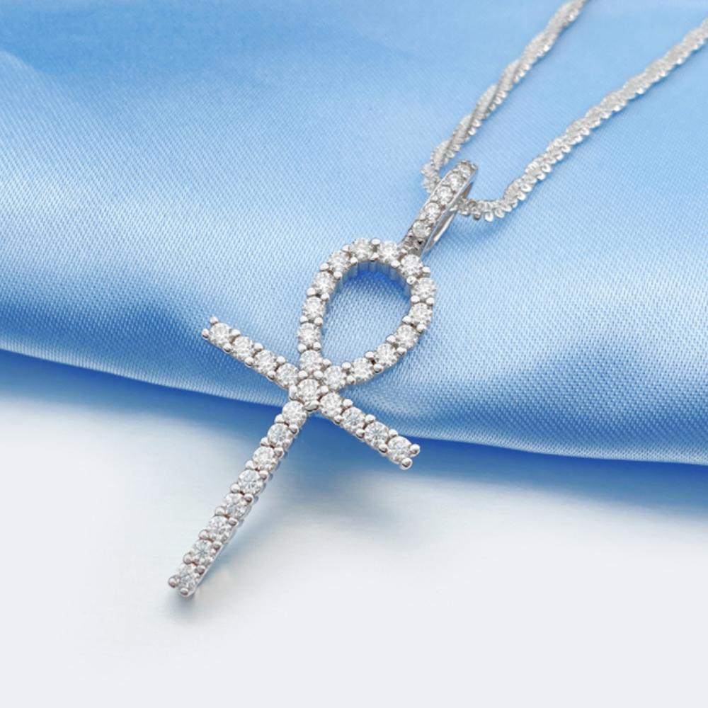 Colliers Moissanite S925 argent Long Ankh croix pendentifs collier réel diamant glacé colliers pour hommes femmes bijoux Pass testeur