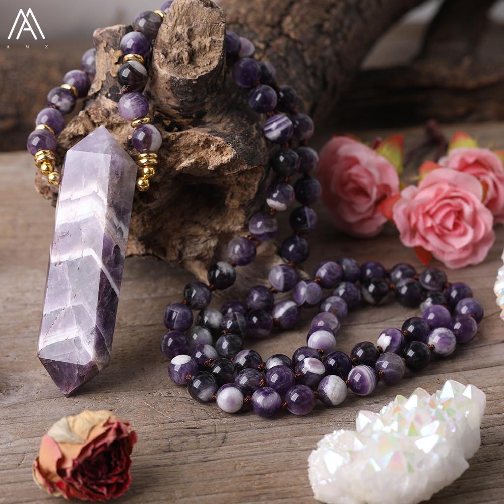 Necklaces Natural Dream Amethysts Quartz Double Point Pendant 8mm Round Amethysts Quartz Crystal Beads Knot Handmade Necklace For Women