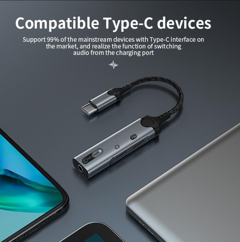 Premium Digital DAC 3 em 1 USB C Adaptador de fone de ouvido 60W Cabo de carga Tipo C a 3,5 mm ADAY AUX AUDIONENS SPLITTER DO ADAPTER