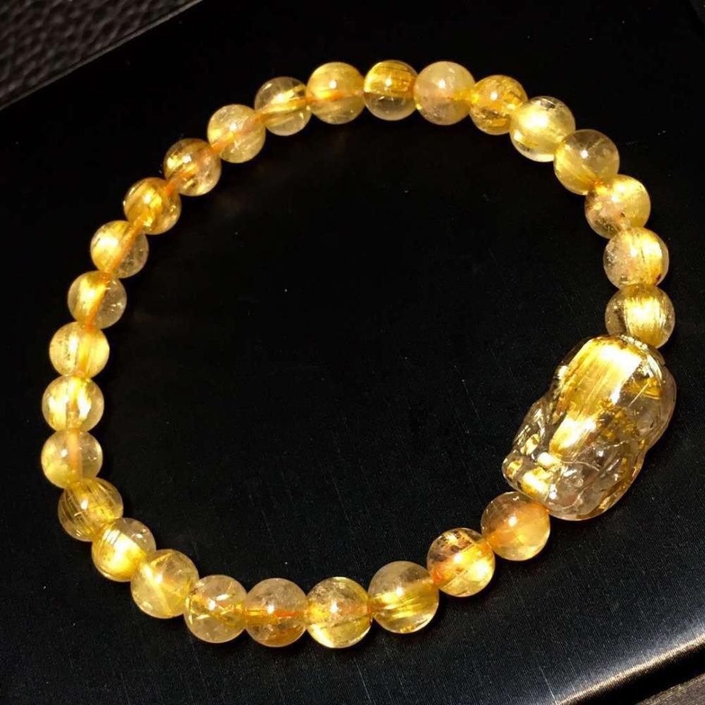 バングルズナチュラルゴールドrutitalium Quartz woman men bracelet pi xiu pendant 6mm 7mm 8mm 9mmクリアラウンドビーズブラジルaaaaaaa